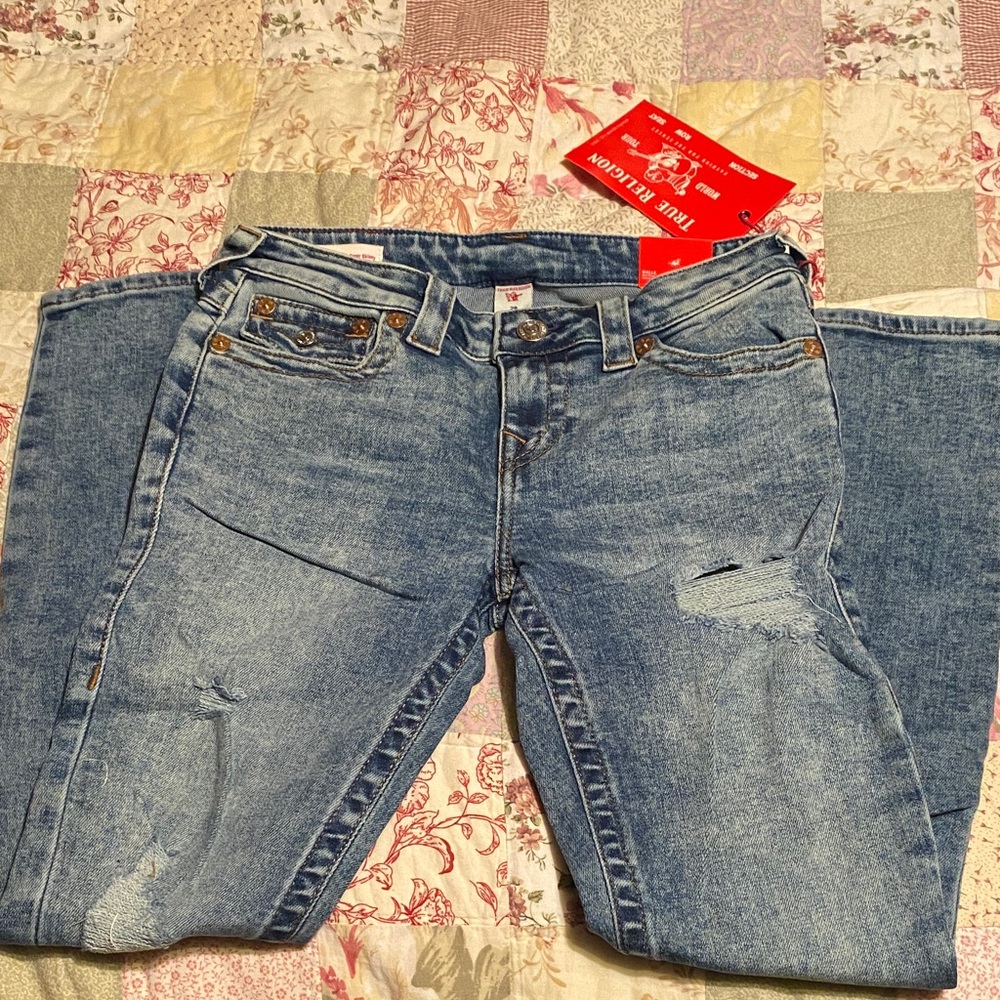 True Religion Halle Mid Rise Super Skinny Distressed Blue Jeans NWT 28